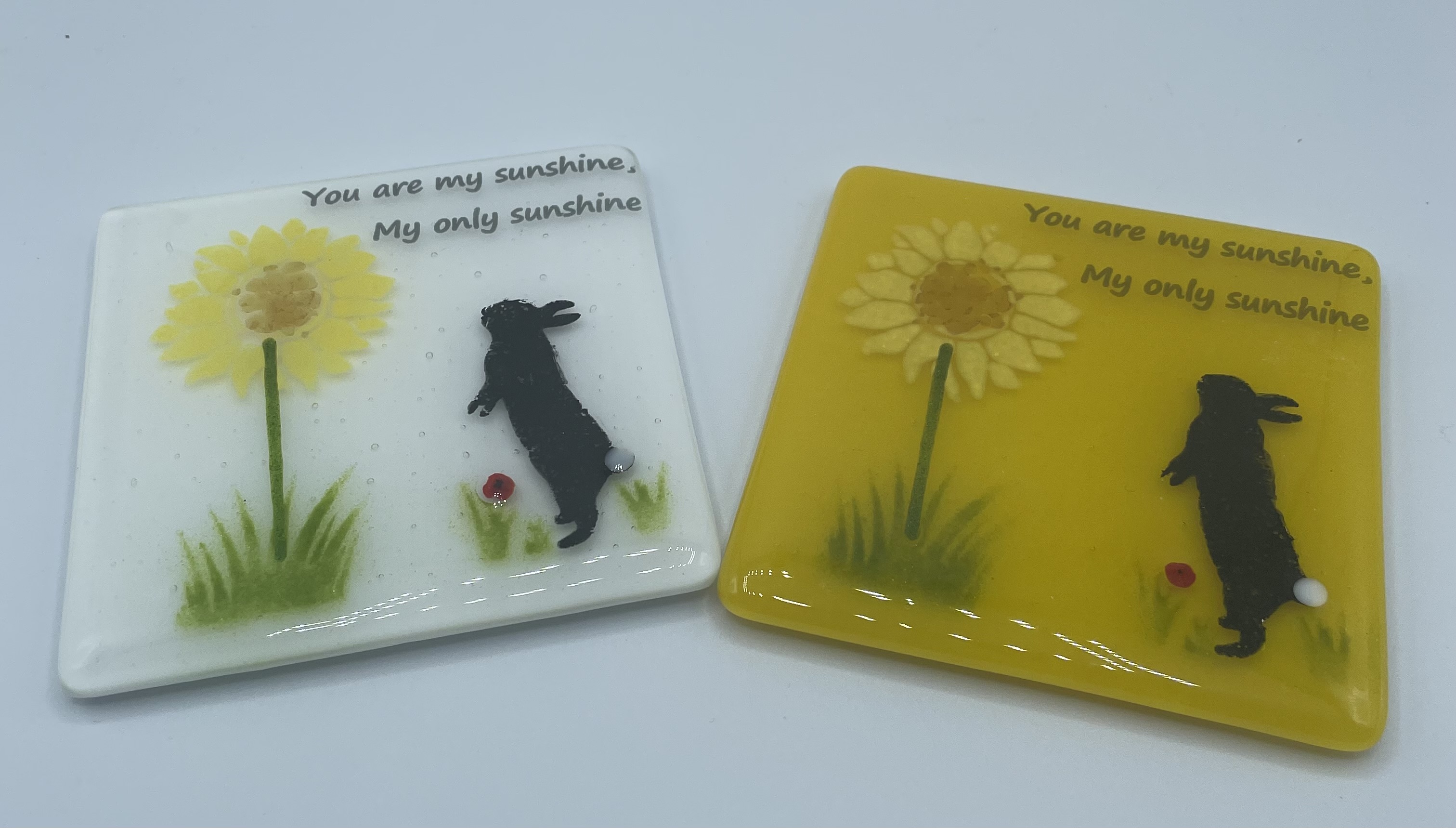 Fused Glass Rabbit Coaster You are My Sunshine