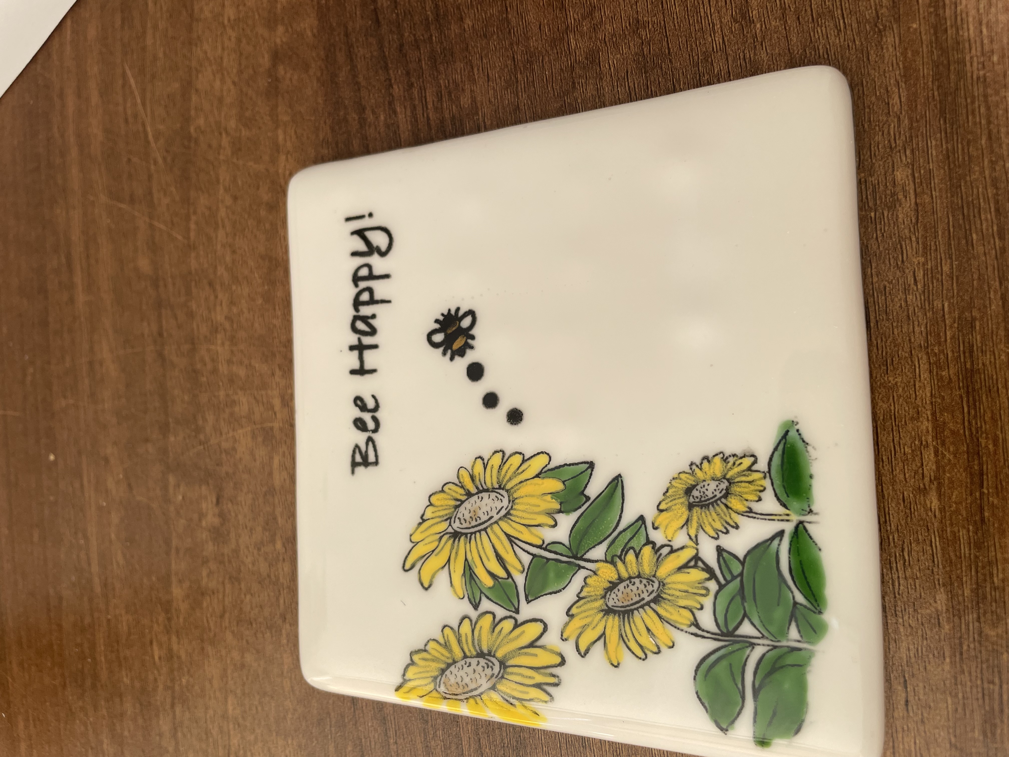 Fused Glass Coaster with Sunflowers and Bee