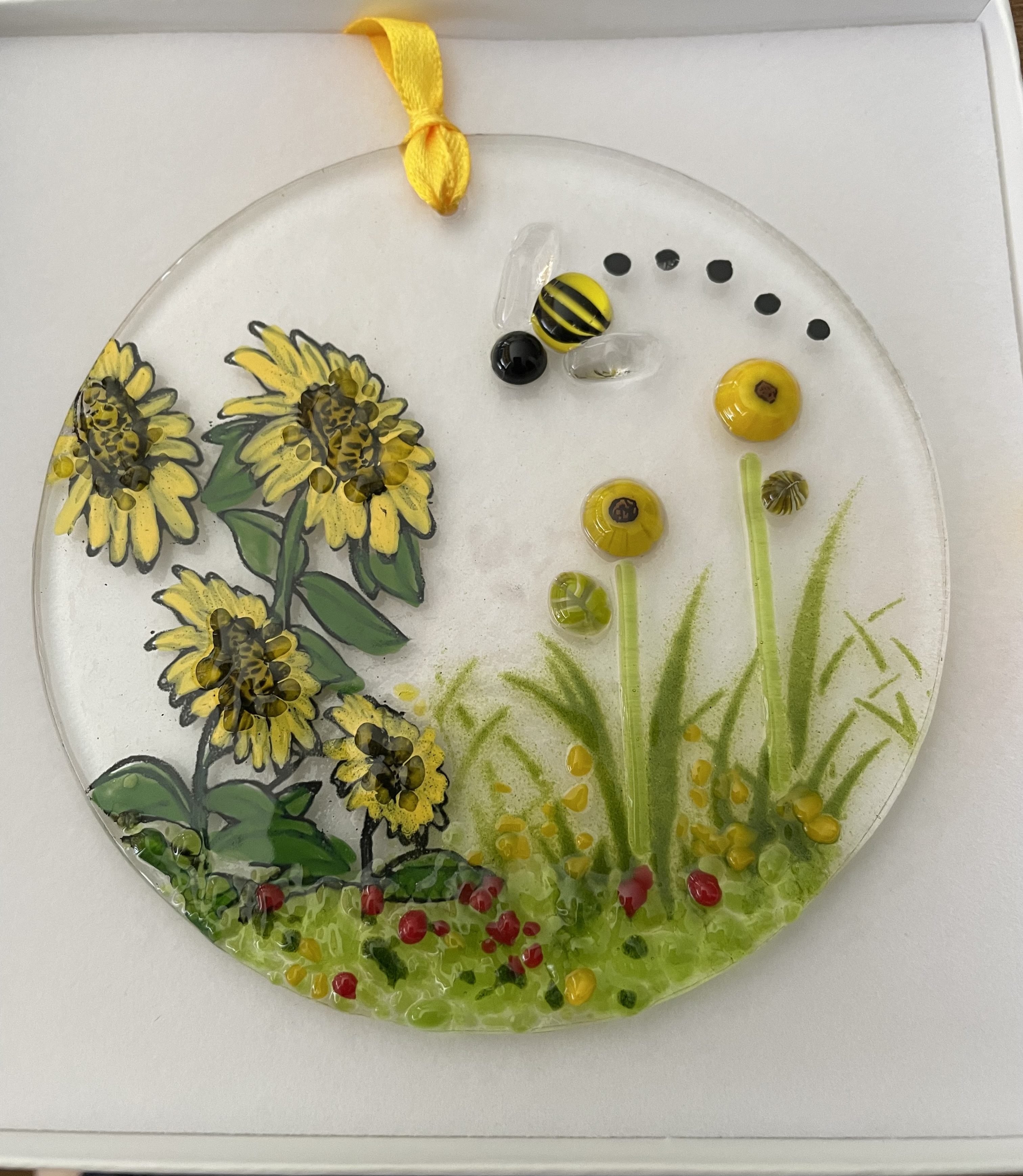 Fused Glass Bee Happy Sunflower Suncatcher