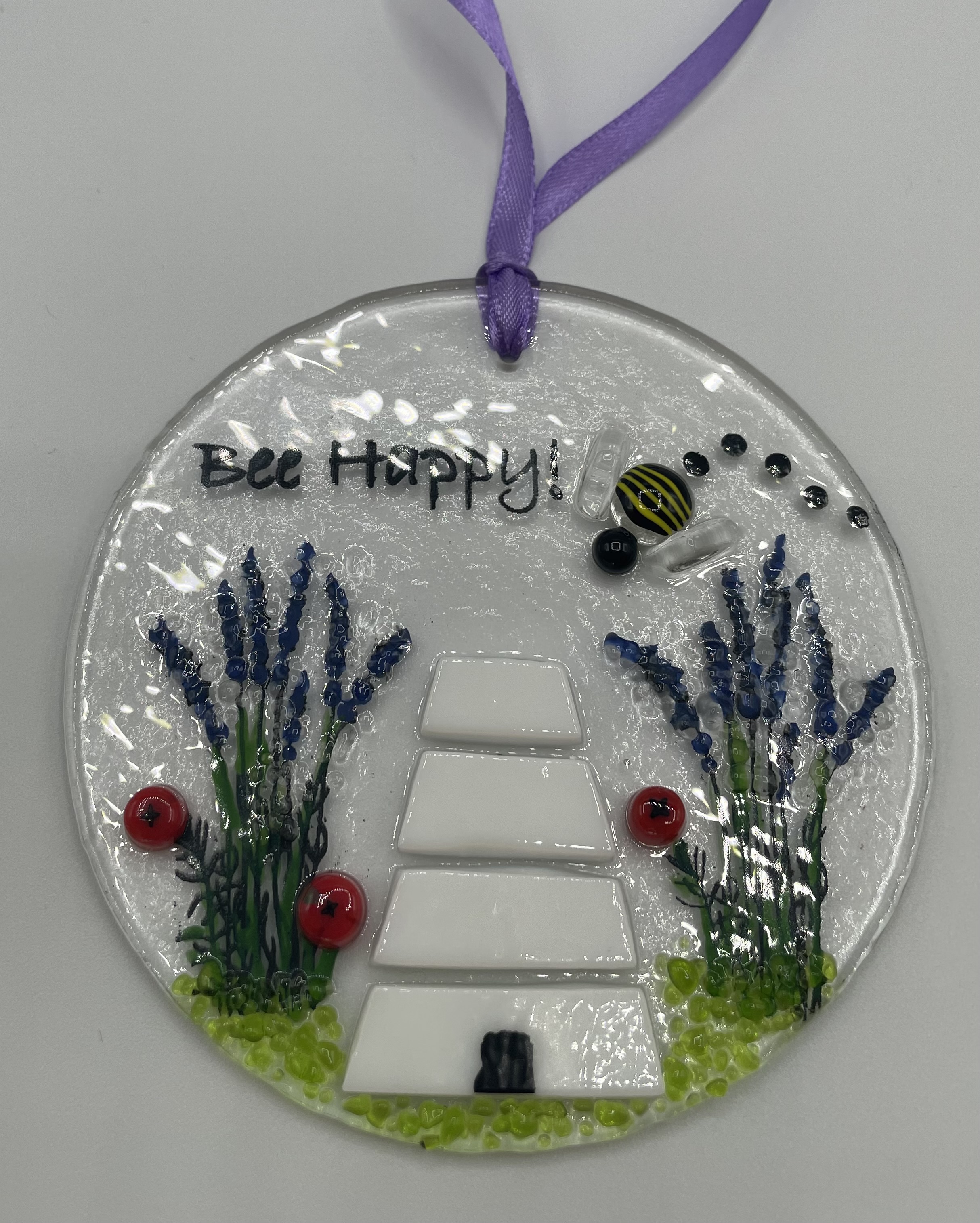 Fused Glass Bee and Hive Lavender Suncatcher